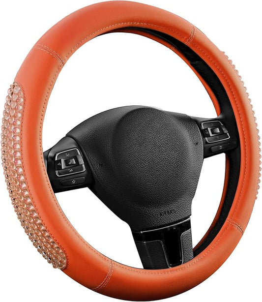 PIC AUTO Steering Wheel Cover, Glitter Gel Particles & Orange Luxury Leather Car Steering Cover, Universal Fit 14.5"-15.5" Anti-Slip Car Wheels Cover for Girls & Women