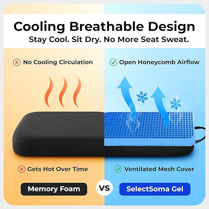 SelectSoma Travel Gel Seat Cushion for Long Sitting - Travel Pad for Car, Truck, Office Chair, Wheelchair - Cooling Gel Cushion for Sciatica, Tailbone, Back Pain, and Pressure Relief