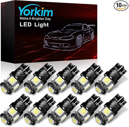 Yorkim 194 LED Bulbs White 6000k Super Bright 5th Generation, T10 168 LED Bulb for Car Interior Dome Map Door Courtesy License Plate Lights W5W 2825, Pack of 10