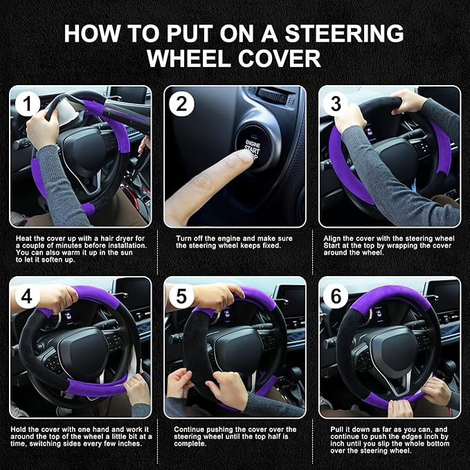 SEG Direct Steering Wheel Cover for Car, Standard Size 14.5-15 inch, Auto Interior Accessories, Warm Plush, Summer Winter, Black and Purple