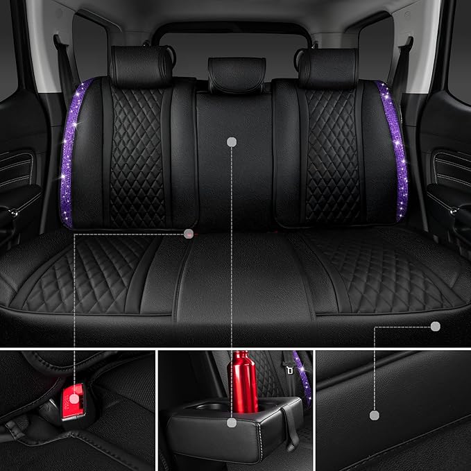 CAR PASS Bling Nappa Leather Car Seat Cover for Full Set Universal Luxury Waterproof Heavy-Duty Anti-Slip Cushioned Fit for SUV Sedan, Sparkly Glitter Shining Diamond Violet Crystal Purple Rhinestones