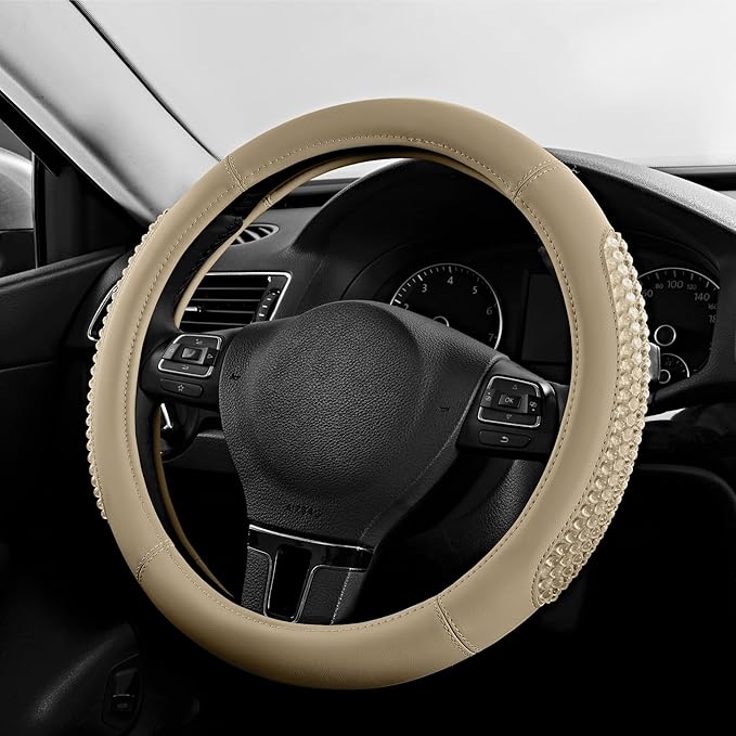 PIC AUTO Steering Wheel Cover, Glitter Gel Particles & Beige Luxury Leather Car Steering Cover, Universal Fit 14.5"-15.5" Anti-Slip Car Wheels Cover for Girls & Women