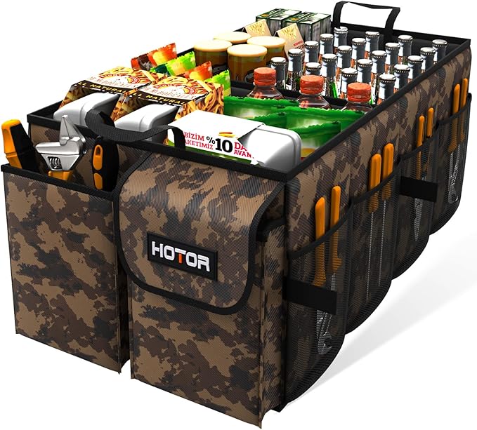 HOTOR Trunk Organizer - Car Organizer, Foldable Trunk organizer for SUVs & Sedans, Sturdy Car Organization for Car Accessories, Tools, Sundries, Brown Camouflage, 2 Compartments, 21.3"×12.6"×10.6"
