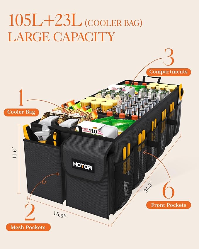 HOTOR Trunk Organizer for Car & SUV, Sturdy Car Organizer with Removable Cooler, Large Foldable Trunk Organizer with Cooler, 6 Compartments, Adjustable Straps, Black, 34.8”×15.9“×11.6”