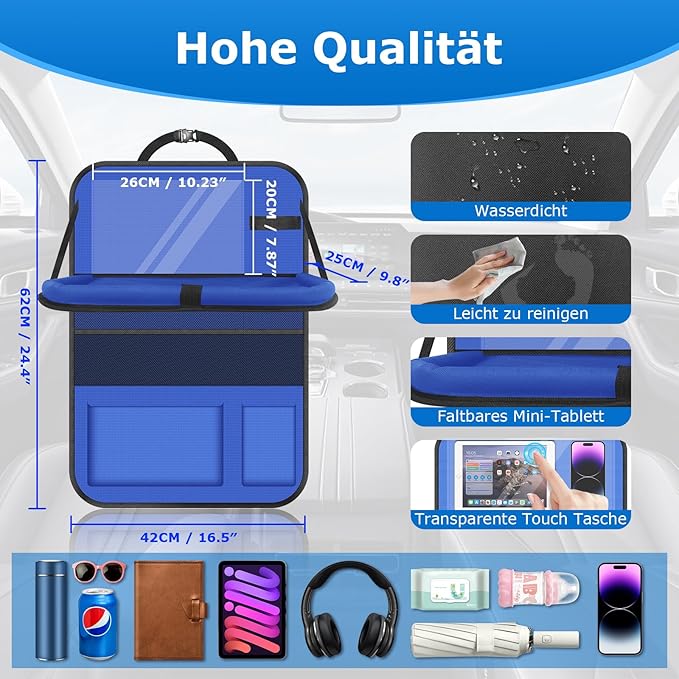 Car Seat Organizer with Table Tray, 2Pack Backseat Car Organizer with 9 Storage Pockets for Bottle Snack Books on Travel Road Trip Essentials for Kid Adult(Blue)