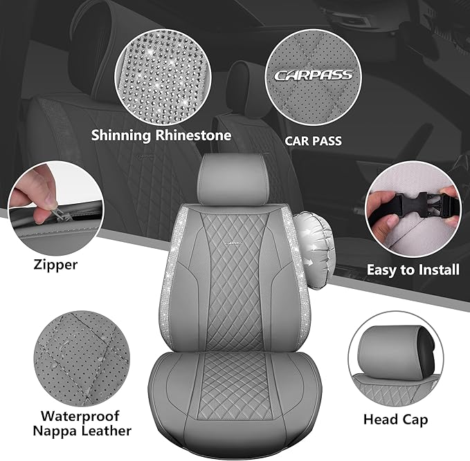 CAR PASS Gray Leather Bling Car Seat Covers Full Set, Luxury Microfiber Nappa PU Cushioned, Waterproof Anti-Slip Universal Fit for Auto SUV Sedan Sparkly Glitter Shining Rhinestone, Gray Diamond
