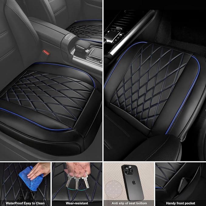 CAR PASS 2 Pack Leather Front Car Seat Covers, Bottom Seat Covers Full Wrapped with Storage Pocket, Anti-Slip PU Seat Protectors,Waterproof Seat Cushion Pad Universal Fit Sedan SUV Truck, Black/Blue