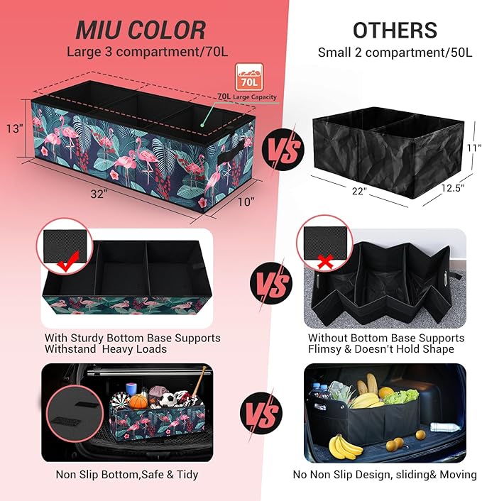 MIU COLOR Trunk Organizer, Car Trunk Organizer, Non-Slip Bottom, Sturdy Storage Organizer for SUV, Sedans, Van, Jeep, Grocery, Large 3 Compartments Car Organizer for Women, Flamingo 31.9"×12.6"×10.6"