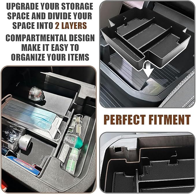Muslogy for 2021-2024 Yukon Tahoe Suburban Sliding Center Console Armrest Organizer & Dash Storage Tray 2PCS Compatible with GMC Yukon Tahoe Suburban 2021 2022 2023 2024 Not for Denali (Console+Dash)