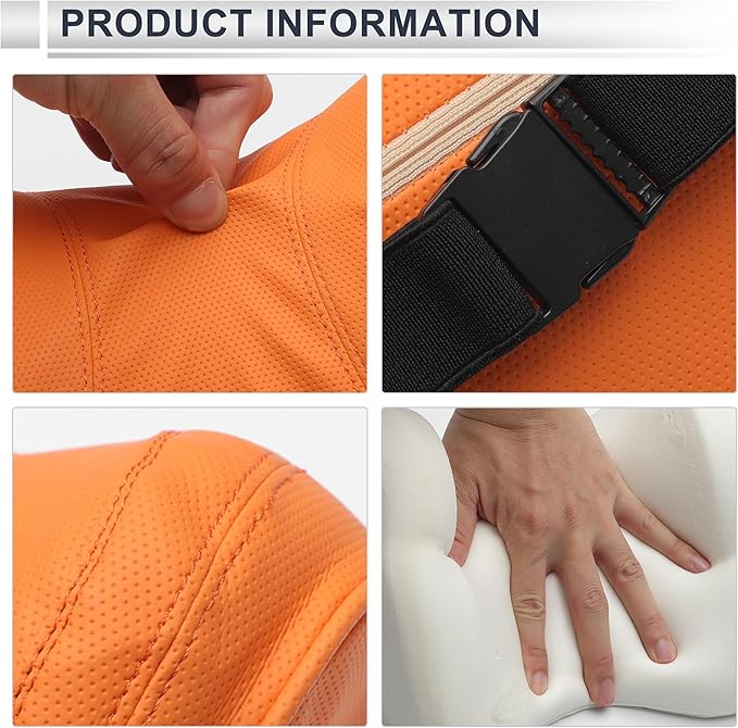 Car Headrest Pillow Ergonomic Comfortable Neck Support Pillow Nappa Leather and Memory Foam Adjustable Width Orange 1 Pcs for Driving Travel