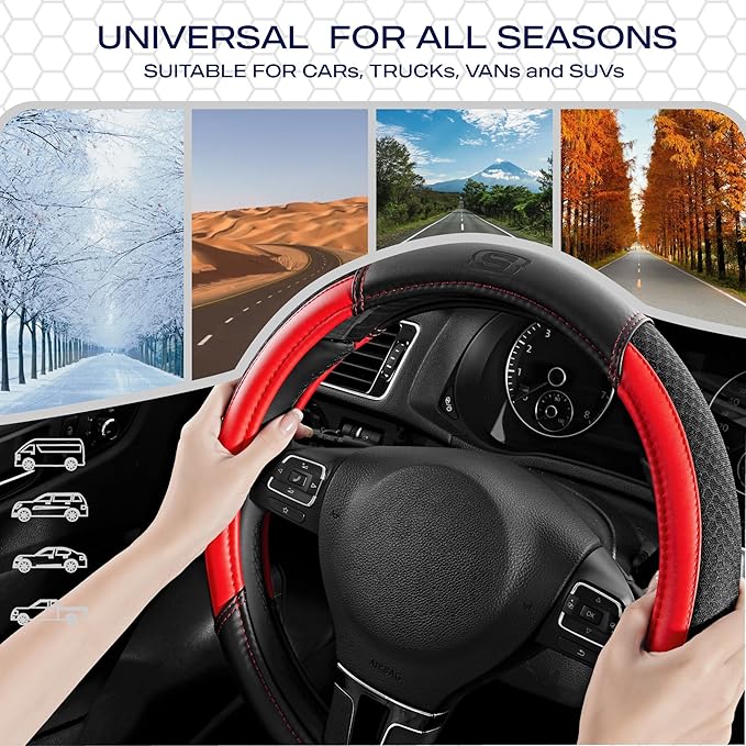 Skechers Air-Cooled Steering Wheel Cover, Leather Car Steering Wheel Cover Universal Fit 14" 1/2-15" Car Wheel Protector for Men Women Fit Suvs,Vans,Sedans,Car,Trucks,Red