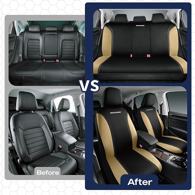Skechers Memory Foam Seat Covers,Air- Cooled Mesh Thick Car Seat Covers,Leather Seat CoversFull Sets,Airbag Compatible,Automotive Comfort Universal Fit for SUVs,Vans,Sedans,Cars,Trucks，Beige