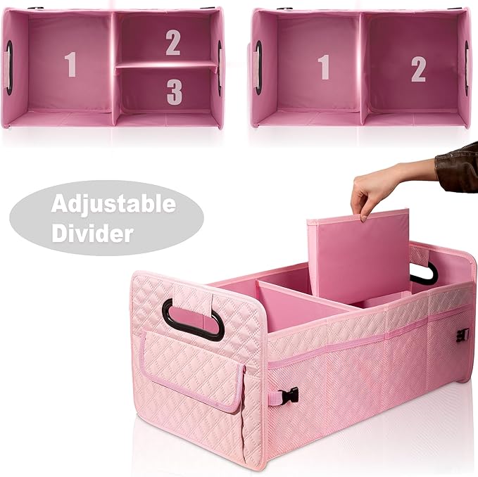 JiatuA Car Trunk Organizer for SUV, Car Storage Organizer Collapsible Multi Compartment Container Box, Adjustable Car Accessories for Women/Men, Pink