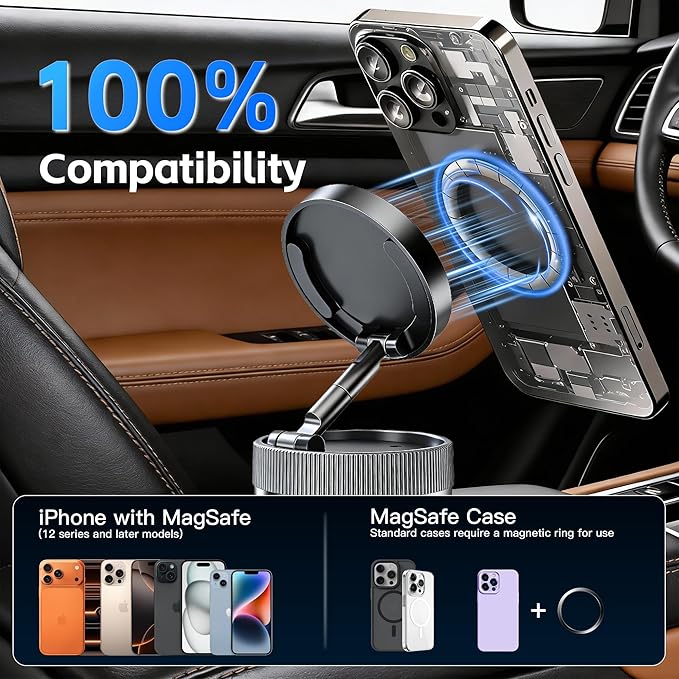 Car Phone Holder [120+LBS Strongest Suction & 2800gf Magnetic] , 360° Adjustable Magsafe Car Mount, Car Phone Mount for Cars/Gyms/Mirrors/Shower Stalls, Compatible with iPhone and Android Devices (1)