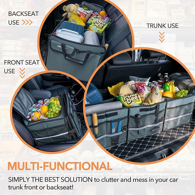 HEYTRIP Large Trunk Organizer With Built-in Leakproof Cooler Bag, 2 Tie-Down Straps, 4 Removable Dividers, Foldable Cover, Built with 2mm PE Board, Gray