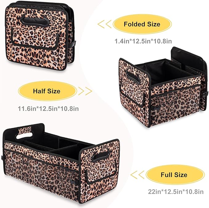 JiatuA Car Trunk Organizer, Car Organizers and Storage Collapsible Multi Compartment Container Box, Adjustable Car Accessories for SUV Sedan Truck, Standard Size, Leopard print
