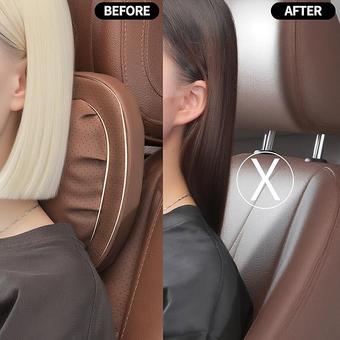 Car Neck Pillow [No More Pressure] Soft Comfortable Premium Leather Headrest with Adjustable Strap – Ergonomic Support for Driving, Office & Gaming, Brown, 1 Pack
