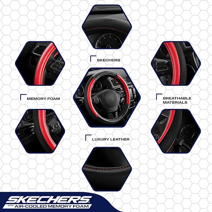Skechers Air-Cooled Steering Wheel Cover, Leather Car Steering Wheel Cover Universal Fit 14" 1/2-15" Car Wheel Protector for Men Women Fit Suvs,Vans,Sedans,Car,Trucks,Red