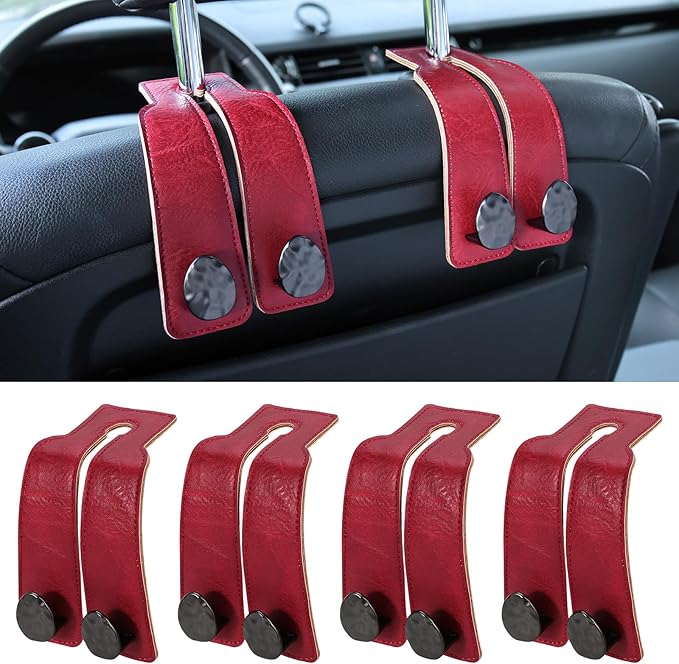 4 PCS Leather Car Seat Hooks for Headrest, Vehicle Hanger Storage Organizer Universal for Handbag Purse, Car Accessories Gift (Red-Black-4 PCS)