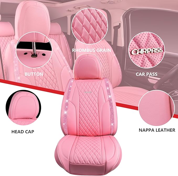 CAR PASS Pink Nappa Leather Car Seat Covers for Full Seats, Bling Diamond Waterproof Seat Protectior Universal Fit Auto SUV Sedan Truck Glitter Sparkly Shining Rhinestone for Women Girl, Pink Leather