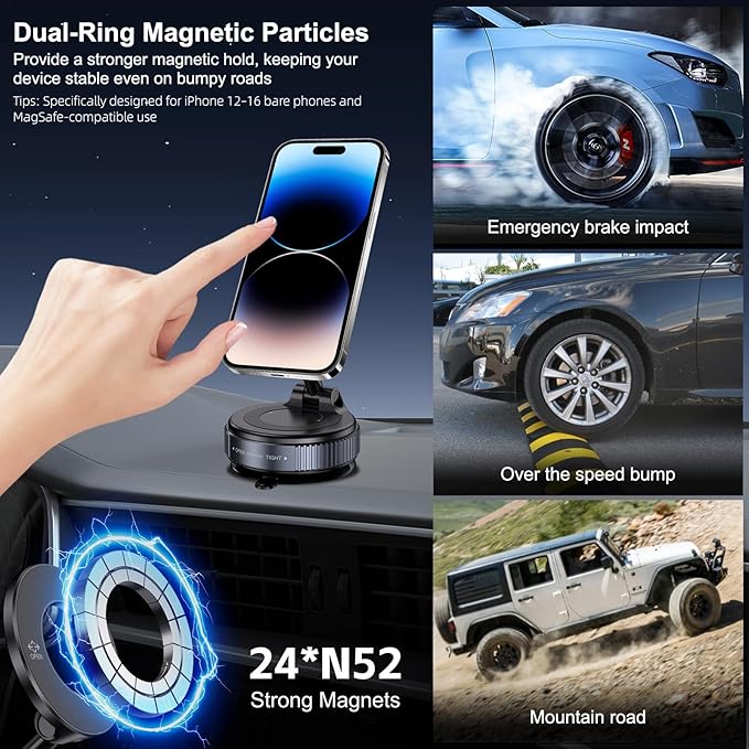 Vacuum Magnetic Suction Phone Holder, Foldable and Retractable Hands-Free Suction Cup Phone Mount for Car/Gym/Mirror/Smooth Surface, Compatible with iPhone & Android (Gel Suction Cup Black)