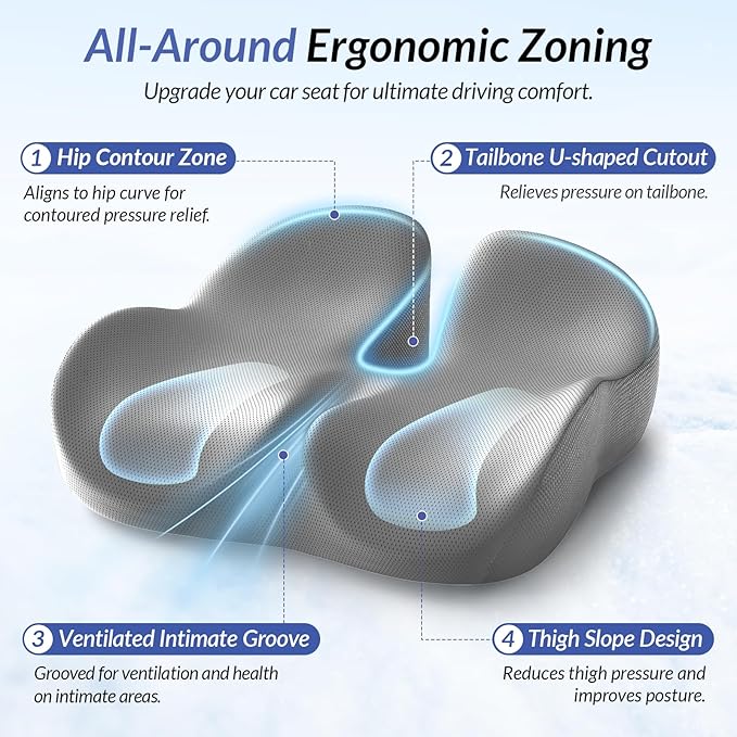 ZIKEE Gel Seat Cushion for Office Chair and Car Seat with Ergonomic Zoning, Memory Foam Chair Cushion for Sciatica, Lower Back, Tailbone Pain Relief and Intimate Ventilation, Non-Slip & Airy Cover