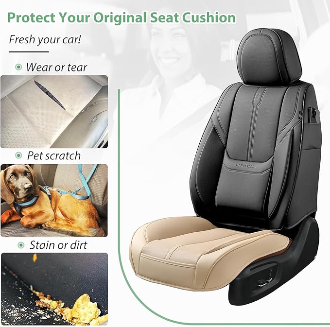 2 Pack Front Car Seat Cover Bottom Only Faux Leather, Anti-Slip Padded Seat Cushion, Full Wrap Seat Protector with Storage Function Fit 95% Cars, SUV, Pick-up Trucks (Beige)