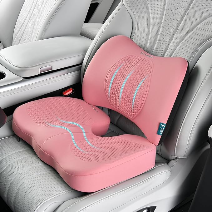 FLORICH Car Seat Cushion and Back Support for Office Chair Memory Foam Chair Cushions Pressure Relief Seat Pads with Gel Massage Point Lumbar Support (Light Pink)