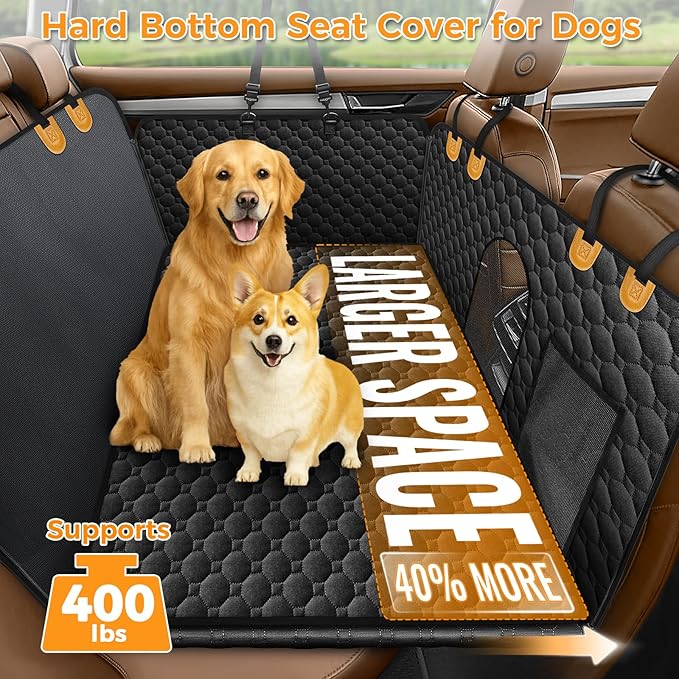 Mancro Hard Bottom Car Seat Cover for Dogs, Durable Back Seat Extender with Washable Pad, Waterproof Scratch-Resistant Car Hammock Seat Protector for Dogs, Supports 400 lbs, Fits Cars, SUVs & Trucks