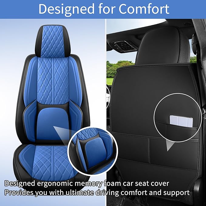 Car Seat Cover Custom Fit for Ford F150 2009-2026 Faux Leather Seat Cover Set Compatible with Regular Cab Super Cab Super Crew Pickup Truck Cushions (Black & Blue, Front Seat)