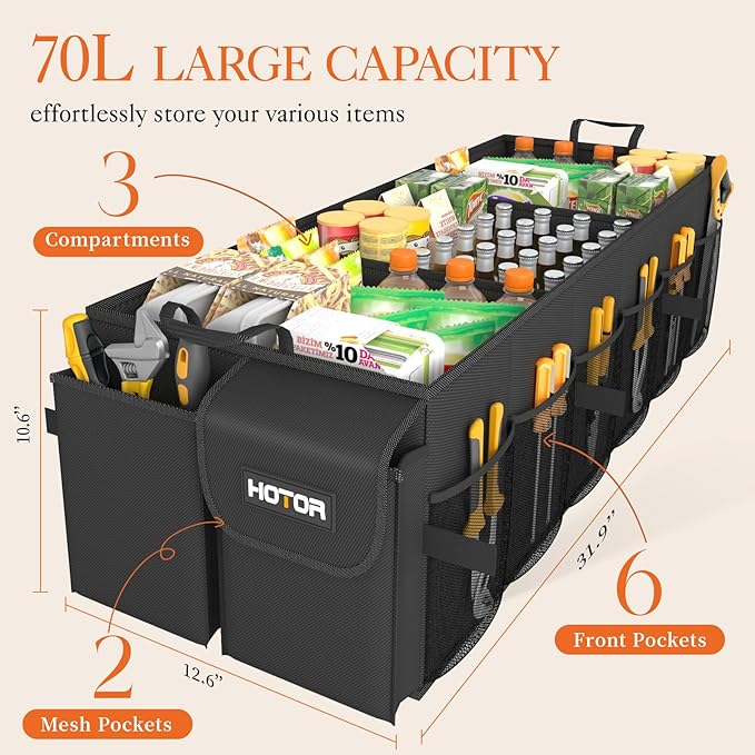 HOTOR Foldable Trunk Organizer - SUV & Sedan Compatible, 3 Compartment, Black, 31.9"×12.6"×10.6" Sturdy Car Organization for Accessories, Tools, Sundries