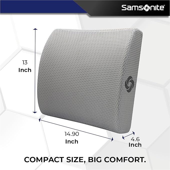 Samsonite Ergonomic Lumbar Pillow for Office Chair and Car Seat - Memory Foam Back Support Lumbar Pillow, Premium Cushion Chair Support for Lower Back Pain Relief and Versatile Use (Light Grey)