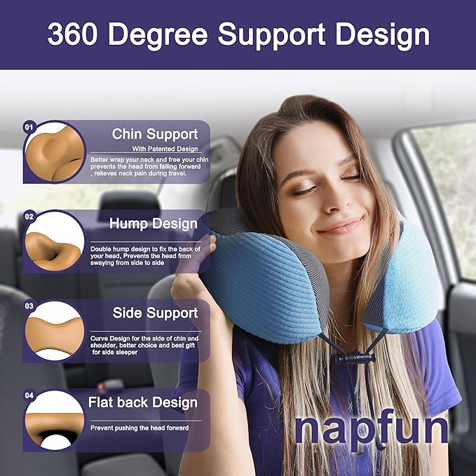 napfun Neck Pillow for Traveling, Upgraded Travel Pillow for Airplane 100% Pure Memory Foam Flight Pillow for Headrest Sleep, Travel Essentials, Luxury Sets (Optional), Striped Sky Blue Set