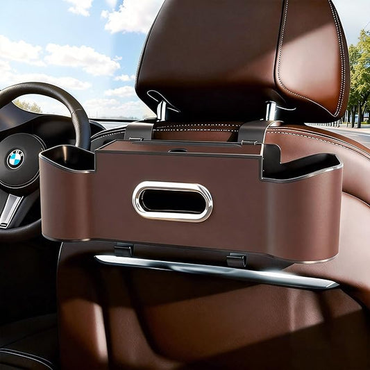 Car Backseat Organizer for Kids & Travelers - 4 in 1 Multifunctional Car Seat Back Storage with Cup Holder, Tissue Box, Snack/Handbag Holder - Nappa Leather Universal Fit for SUV/Van/Sedan (Brown)