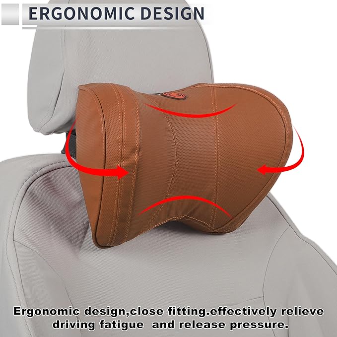 Car Headrest Pillow Ergonomic Comfortable Neck Support Pillow Nappa Leather and Memory Foam Adjustable Width Brown 1 Pcs for Driving