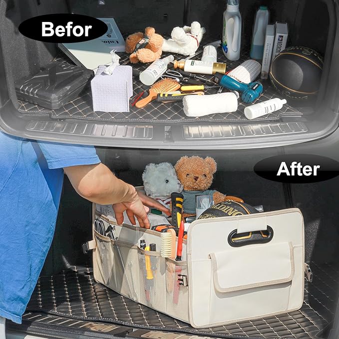 JiatuA Car Trunk Organizer, Car Organizers and Storage Collapsible Multi Compartment Container Box, Adjustable Car Accessories for SUV Sedan Truck, Large Size, Beige