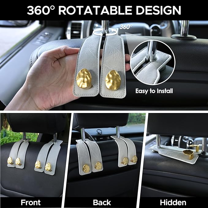4 PCS Leather Car Seat Hooks for Headrest, Vehicle Hanger Storage Organizer Universal for Handbag Purse, Car Accessories Gift (Grey-Gold-4 PCS)