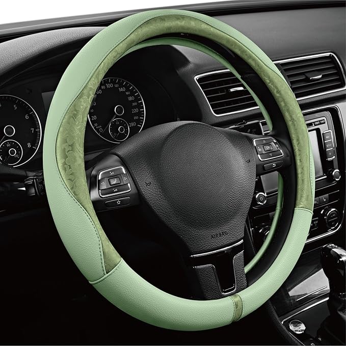 PIC AUTO Steering Wheel Cover, Green Patterned Leather Patchwork Design, Universal Fit 14.5"–15.5", Anti-Slip, Odor-Free, Soft PU Grain Leather, Durable Grip Car Accessory for Girls & Women