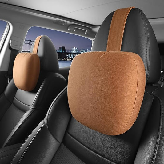2pcs Car Neck Pillow for headrests,Support Drive Seats Head Cushion Pillows,Microfiber Velvet,Plant-Based Polyester,Thickness & Height Adjustable,11.8x7.5,Inner Liner fillable(Orange Brown)