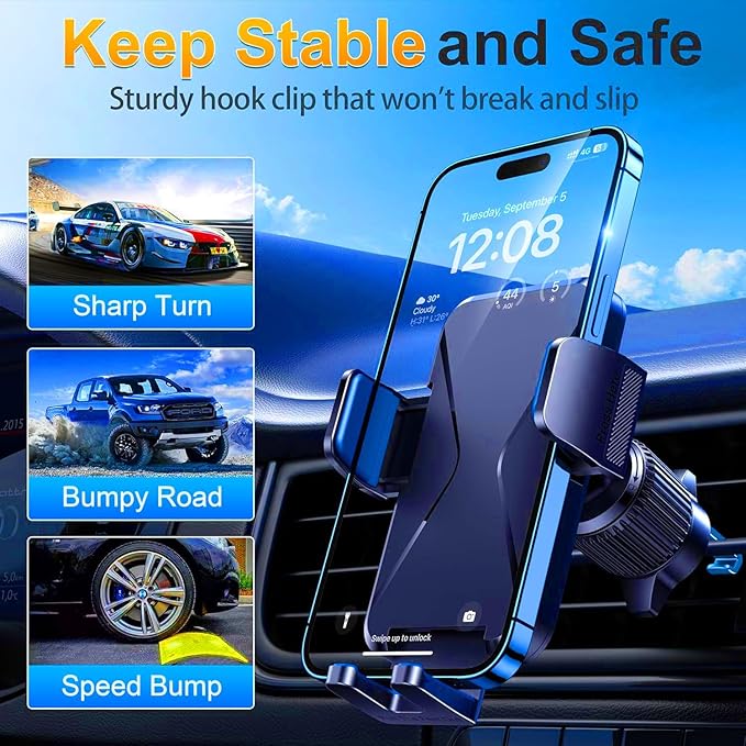 Qifutan Cell Phone Holder for Car Mount Car Vent Phone Mount, 360° Rotatable, Hands-Free Air Vent Holder for iPhone Smartphones Camera Mounts(4-7 Inch)