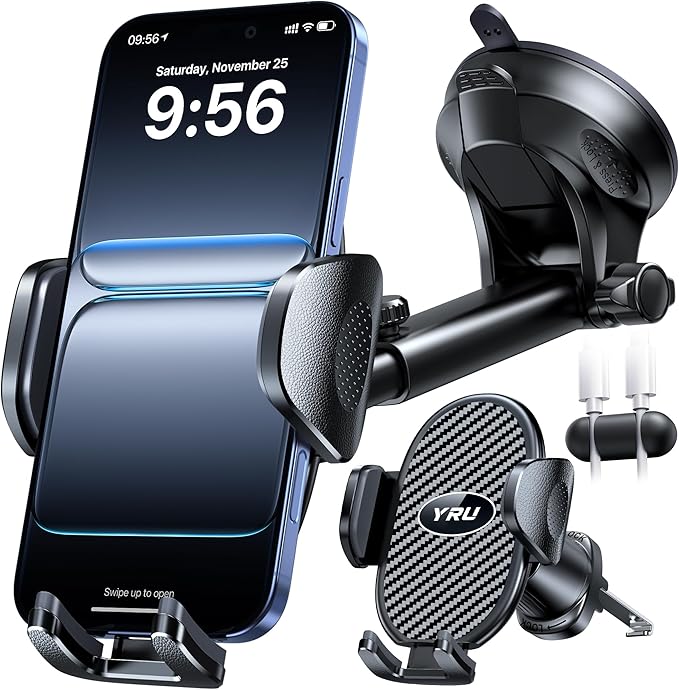 YRU Upgraded Universal Car Phone Holder Mount【360°Rotatable & Strong Suction】 Cell Phone Car Dashboard Windshield Phone Holder Dash Vent Stand for iPhone 17 16 Pro Max Samsung Truck, Graphite Black