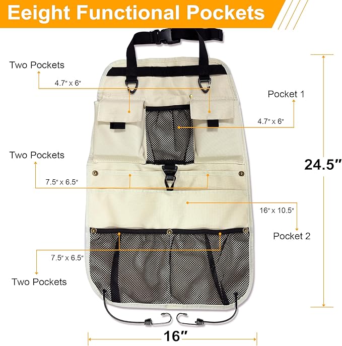 Car Seat Back Organizer with Multiple Storage Pockets, Black Mesh and Fabric, Universal Fit (beige)