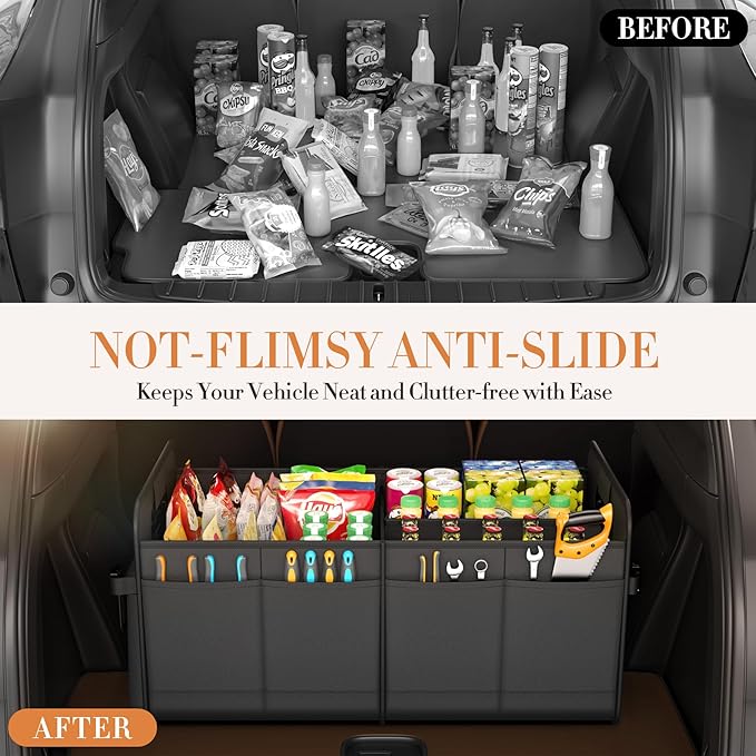 Trunk Organizer For Suv & Sedan,Car Organizers and Storage, Waterproof Collapsible & Adjustable Straps,70L Sturdy Car Organization for Car Accessories, Tools,Sundries,2-3 Compartment（Black