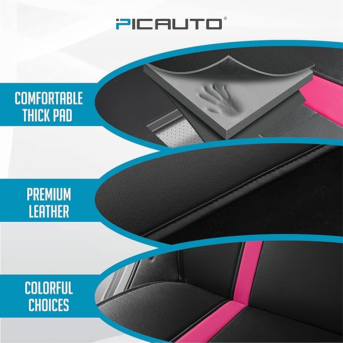 PIC AUTO Leather Car Seat Covers, Premium Automotive Waterproof Front & Rear Full Set Bucket Car Seat Protectors, Black and HotPink PVC Patchwork, Fits for Cars, Trucks, Van, SUV, Airbag Compatible
