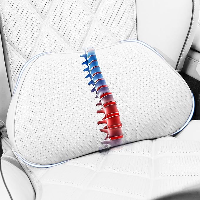 Lumbar Support Pillow for Car Seat, Office Chair Nappa Leather Memory Foam Lower Back Cushion for Back Pain Relief Improve Posture, Ergonomic Back Rest for Gaming Chair, Light Gray, 1PC