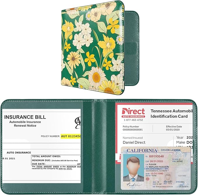 CoBak Car Registration and Insurance Holder - Vehicle Glove Box Car Organizer, Auto Truck Comparment Accessories Case for Essential Document, Driver License, Cards (Blossom Forest Green)