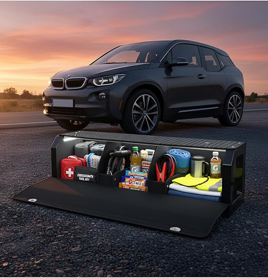 Car Trunk Storage Organizer with Light, Waterproof Trunk Organizer with Lid & Sturdy Handle, Leather SUV Cargo Storage Box Powered by 4 AA Batteries (Batteries Not Included) (37 inch)