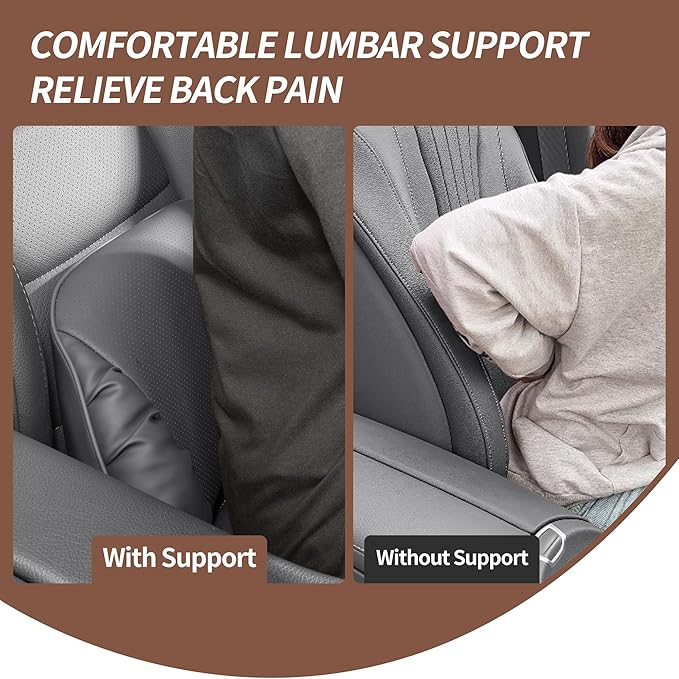 Lumbar Support Pillow for Car Seat, Memory Foam Leather Lumbar Pillow for Lower Back Pain Relief - Back Cushion for Driving - Chair Support for Office Chair, Gaming Chair, Gray, 1 Pack