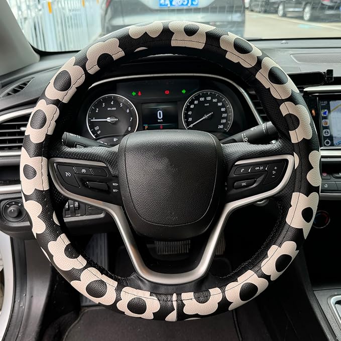 Vintage Groovy Flowers Car Leather Steering Wheel Cover - 15-inch Universal Microfiber- Soft & Breathable & Silicone Anti Slip Auto Steering Wheel Wrap for Women (Black)