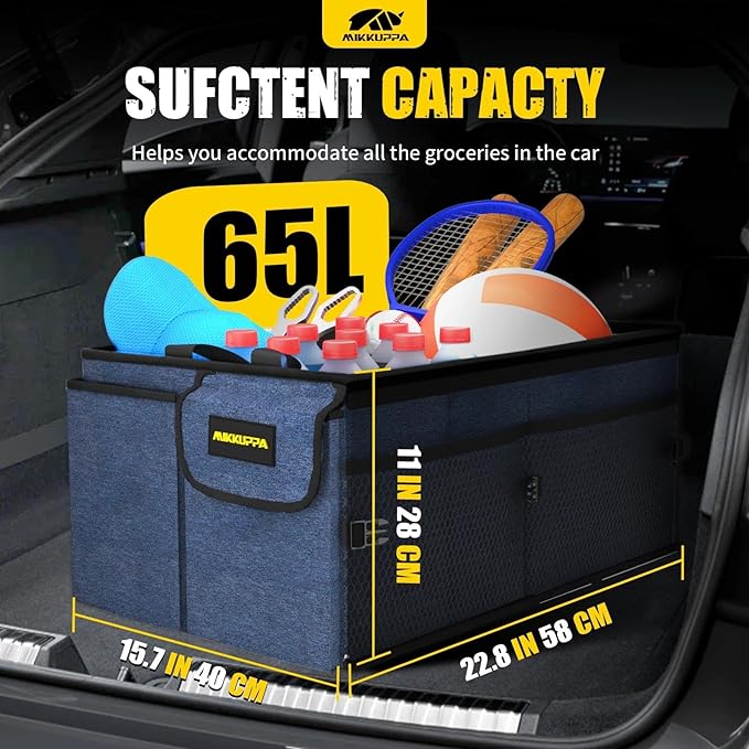 MIKKUPPA Car Trunk Organizer - 65L Collapsible Trunk Organizer with Lid, Sturdy Car Storage for SUV Auto Truck Van with Adjustable Straps and Non Slip Bottom (Blue)